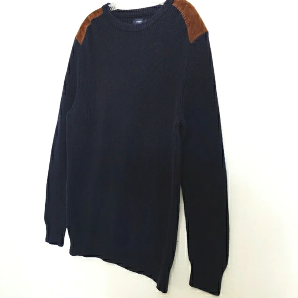 J.CREW Navy Longsleeve Ribbed Knit Sweater Faux Suede Patch Shoulders